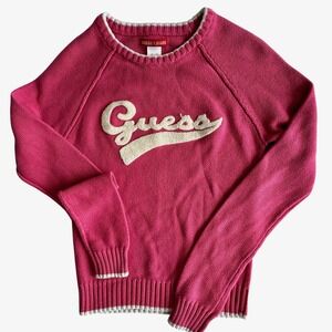 Guess Jeans Girls Pink Knit Varsity Logo Sweater Raglan Long Sleeve Q536A659 L/G
